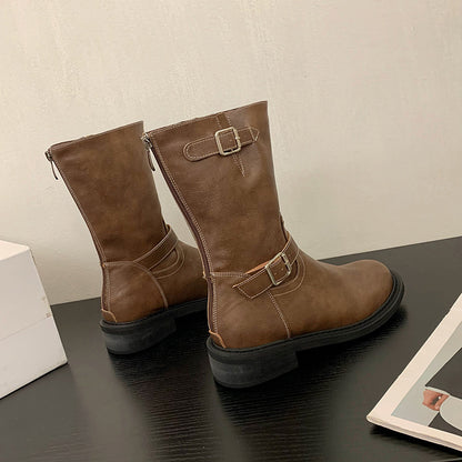 Women's Retro Western Cowboy Boots with Belt Buckle