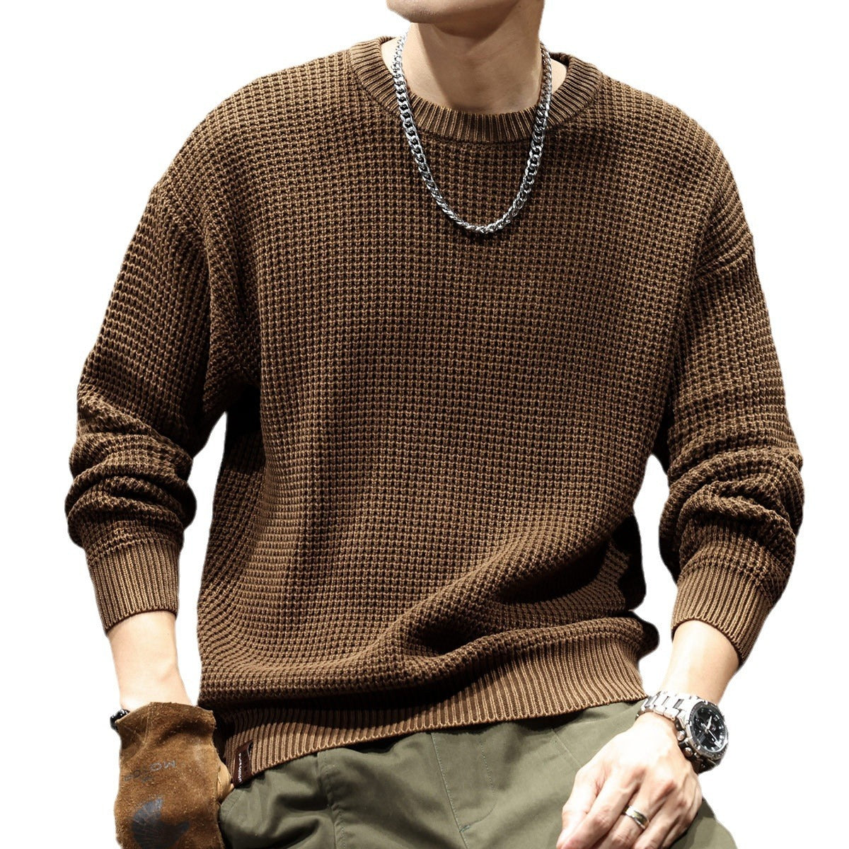 Men's Thick Needle Retro Round Neck Sweater - Loose Fit