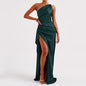Women's One-Shoulder Satin Dress with Slit - Evening