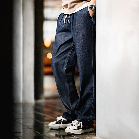 American Casual Jeans Washed Double Pleated Loose Burrs Men's Straight-leg Trousers