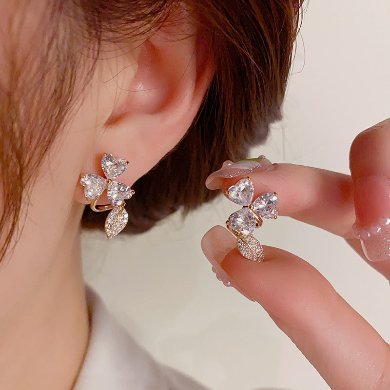 Female Personality Fashion Zircon Three Leaf Flower Earnail
