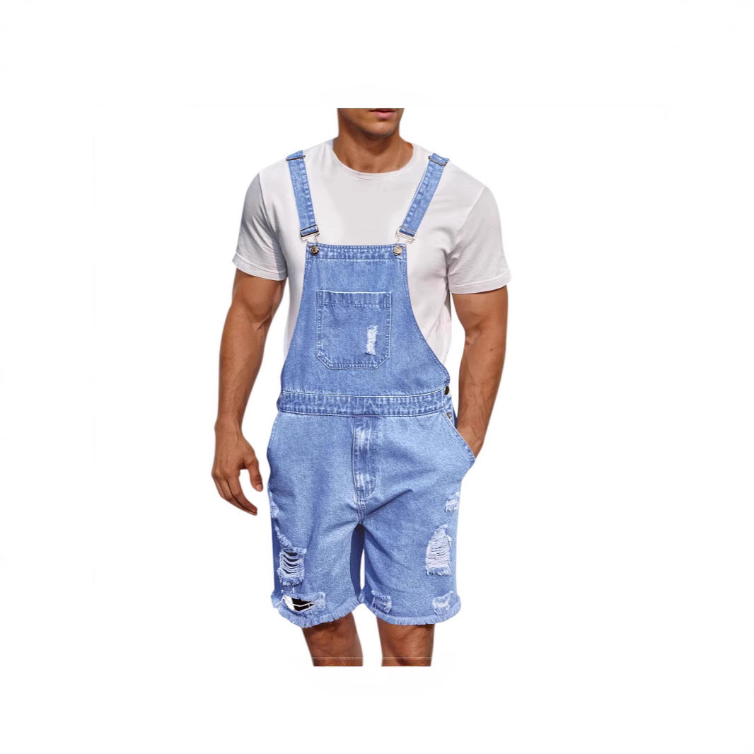 Ripped Leisure Men's Denim Suspender Shorts Jeans Men