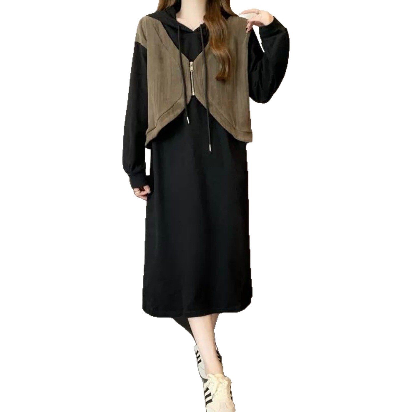 Ladies' Fashion Hooded Fake Two-piece Long Sleeve Dress