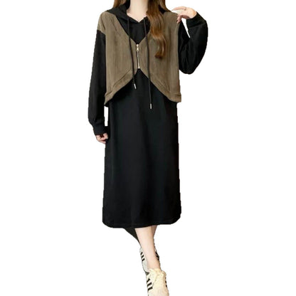Ladies' Fashion Hooded Fake Two-piece Long Sleeve Dress