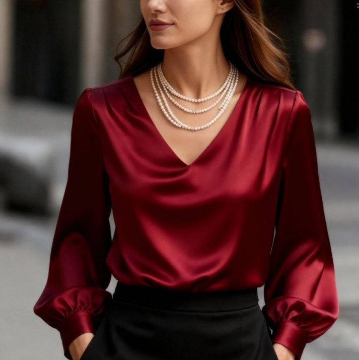 Bubble Sleeve V-neck Long Sleeve Blouse For Women
