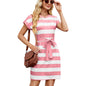 Women's Striped Round-neck Loose Short-sleeved Casual Belted Dress