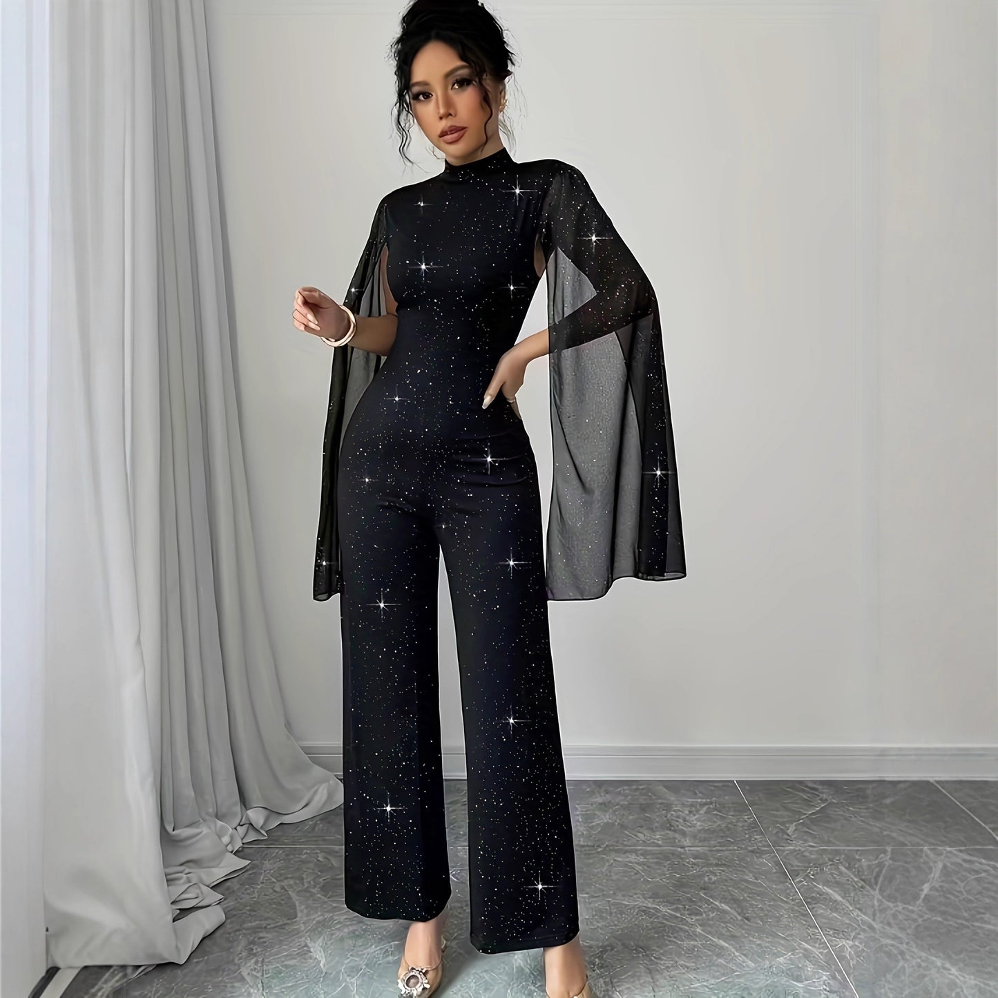 Round Neck Chiffon Lantern Sleeve Patchwork Jumpsuit