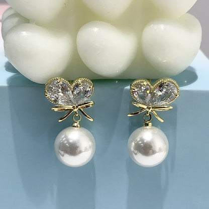 Women's Sweet Love Bow Pearl Earrings - Romantic Style