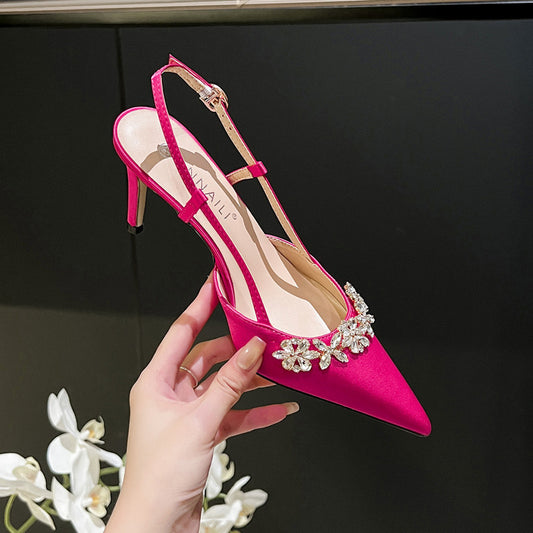 French Style Temperament Evening Dress High Heels Rhinestone Closed Toe Sandals