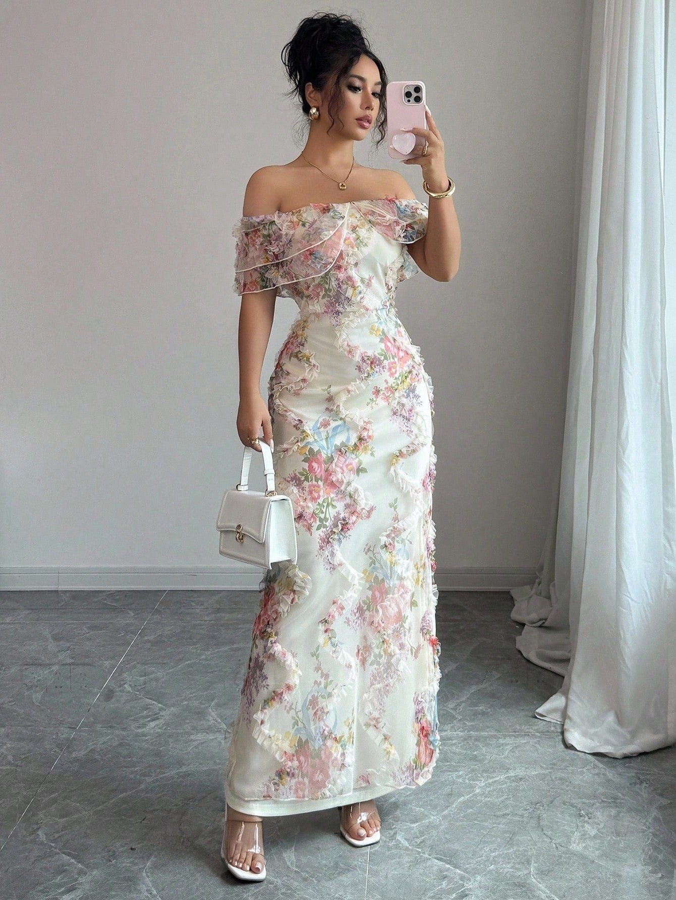 Women's Off-Shoulder Waist-Floral Mesh Dress