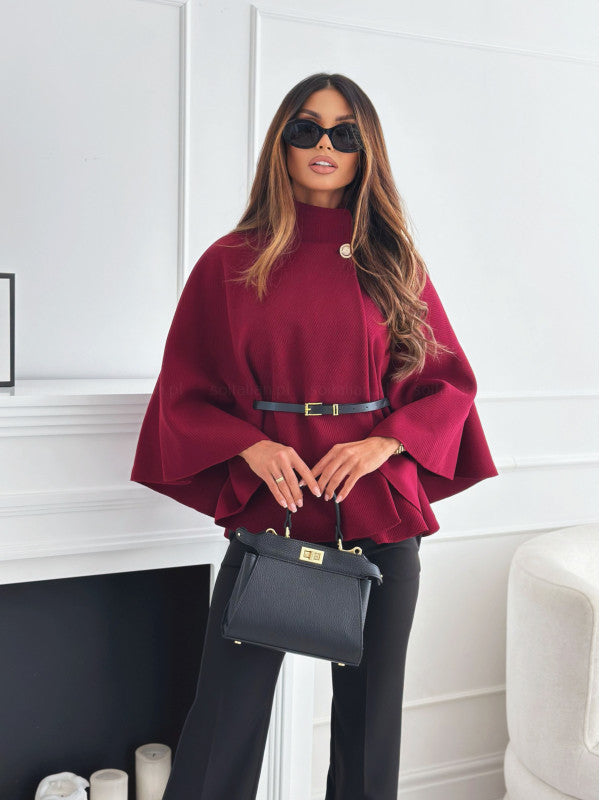 Women's Stand Collar Batwing Sleeve Cloak Top with Belt