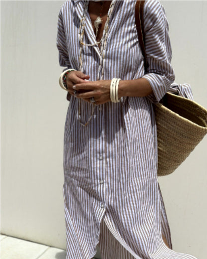 Women's Striped Shirt Dress with Belt - Half Sleeve