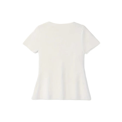 Women's Round Neck Metal Button Design Solid Color Short Sleeve