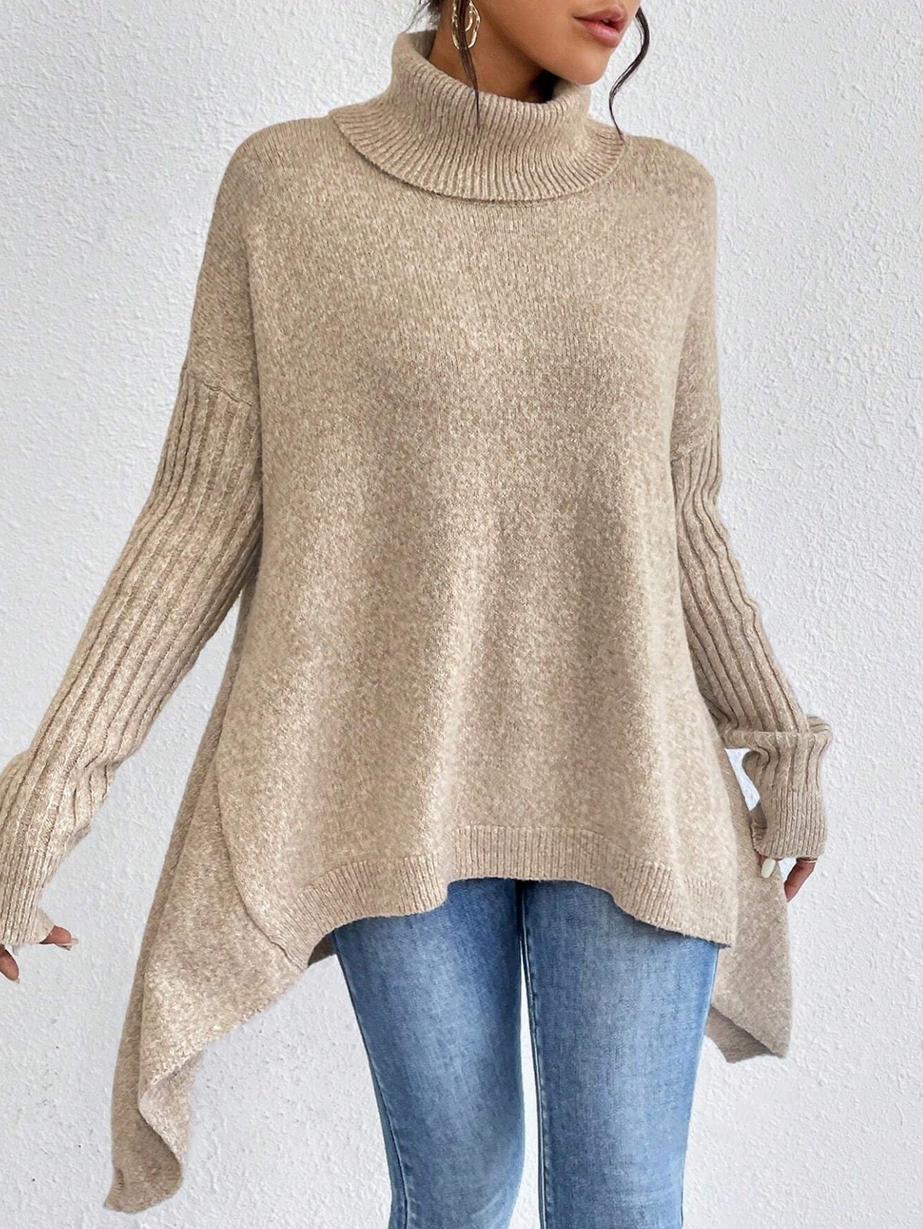 Women's Irregular Turtleneck Sweater - Loose Fit