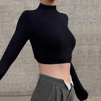 Semi-high Neck Slim-fit T-shirt Backless Sexy Design Short Long-sleeved Top