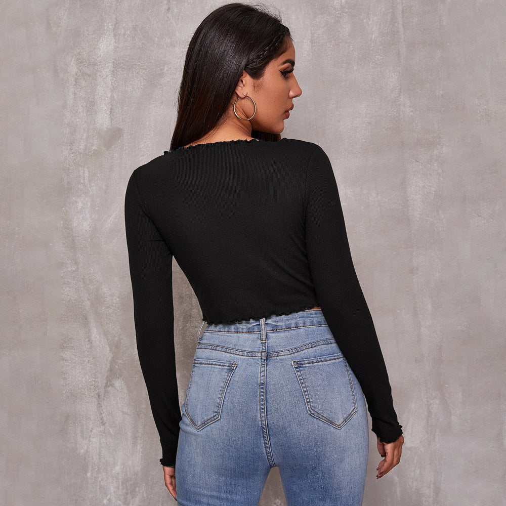 European And American V-neck Long-sleeved T-shirt