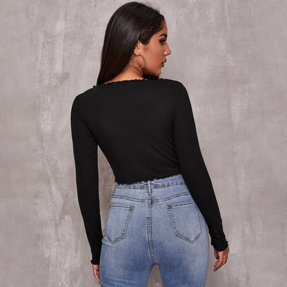 European And American V-neck Long-sleeved T-shirt